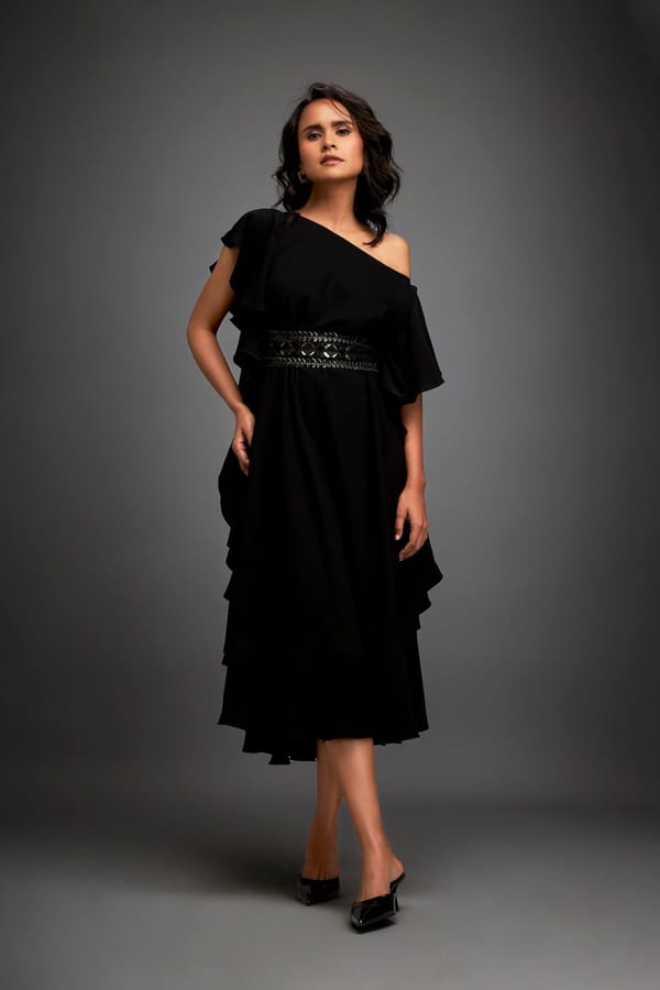 Asymmetrical Off-Shoulder Dress And Metallic Waist Belt — Deepika Arora