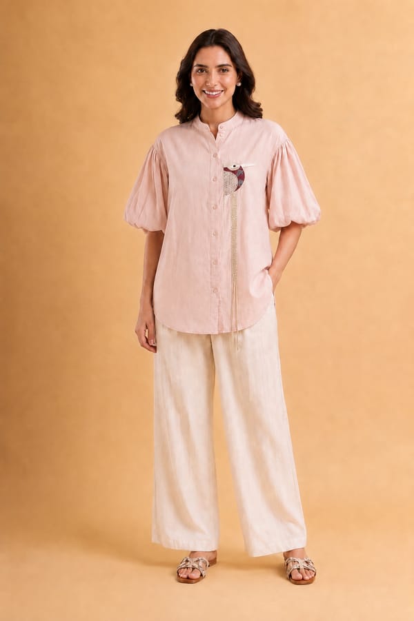 Blush Pink Mandarin Collar Balloon Sleeve Shirt — ANISETTE