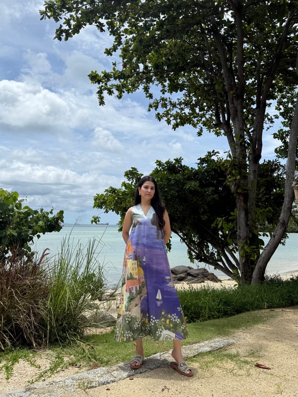 Blue Scenic Print Cotton V-Neck Midi Dress with Pockets — GAIMA LABEL