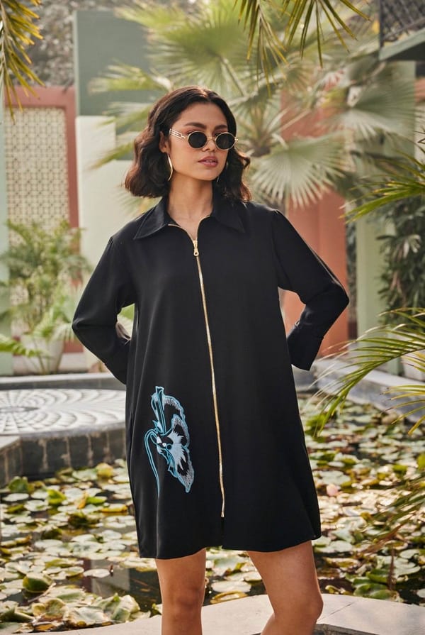 Eclipse Bloom Black Zipped Dress — Puja Agarwal