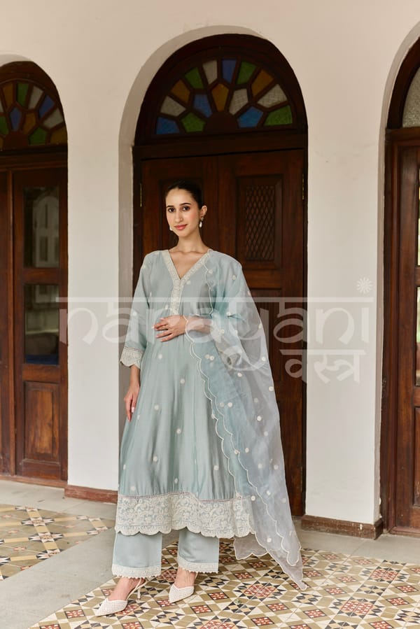 Ice Blue Chanderi A-Line Suit Set with Organza Dupatta — NARAYANI VASTRA