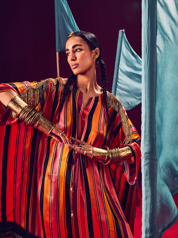 Multicolor Striped Modal Satin Kaftan with Fringe Detail — 5 Elements