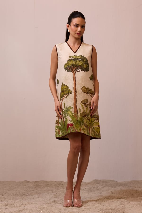 Apricot Linen Tree Print Knee-Length A-Line Dress — Prink Tonic