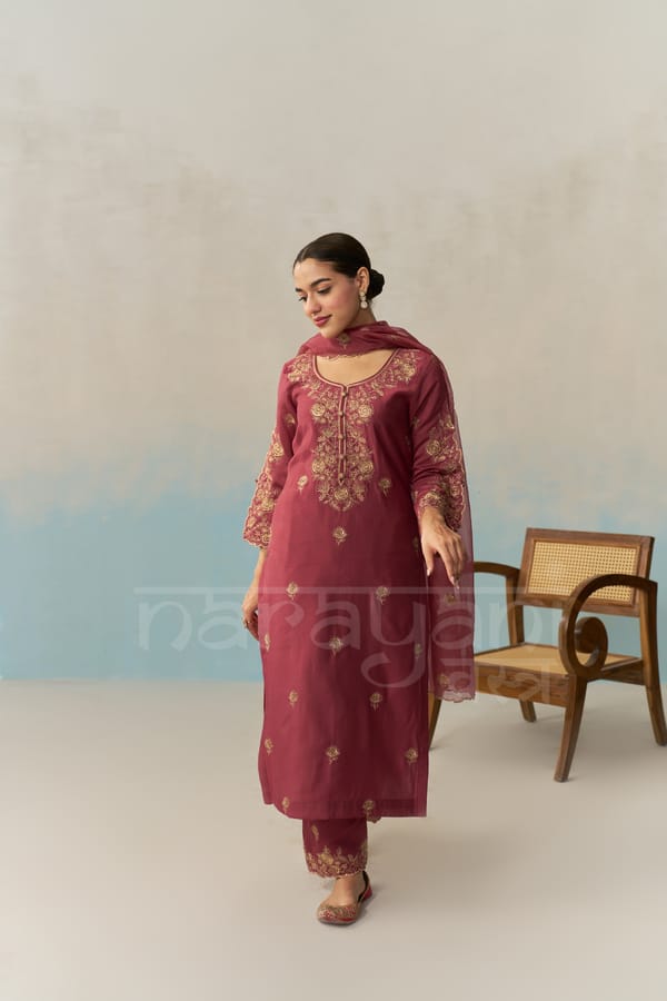 ZIVA - Burgundy Chanderi Suit Set — NARAYANI VASTRA