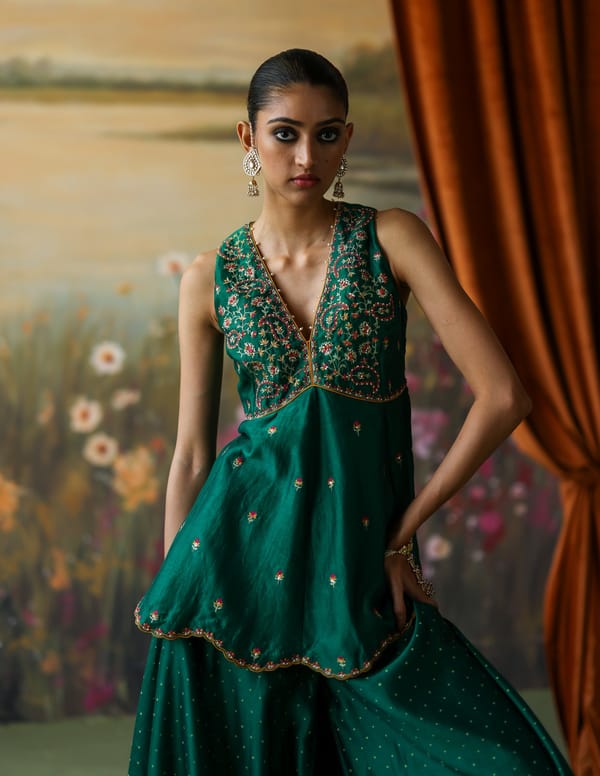 Emerald Green Embroidered Peplum Sharara Set with Dupatta — Shikha Mehta