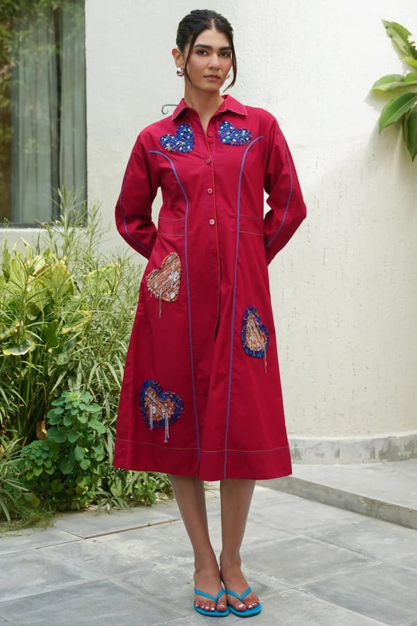 Red Cotton Poplin Midi Shirt Dress with Patchwork Detail — STITCH STORIES
