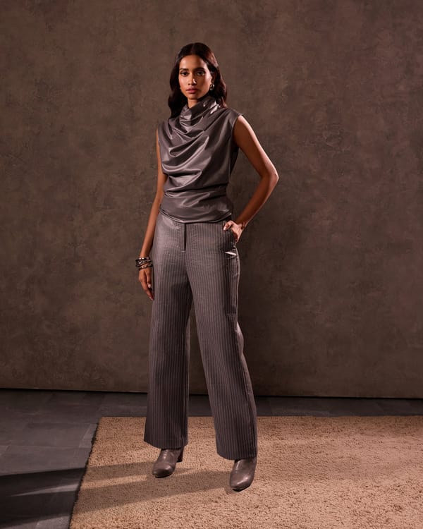Grey Faux Leather Straight-Leg Pinstripe Trousers — Tara & I
