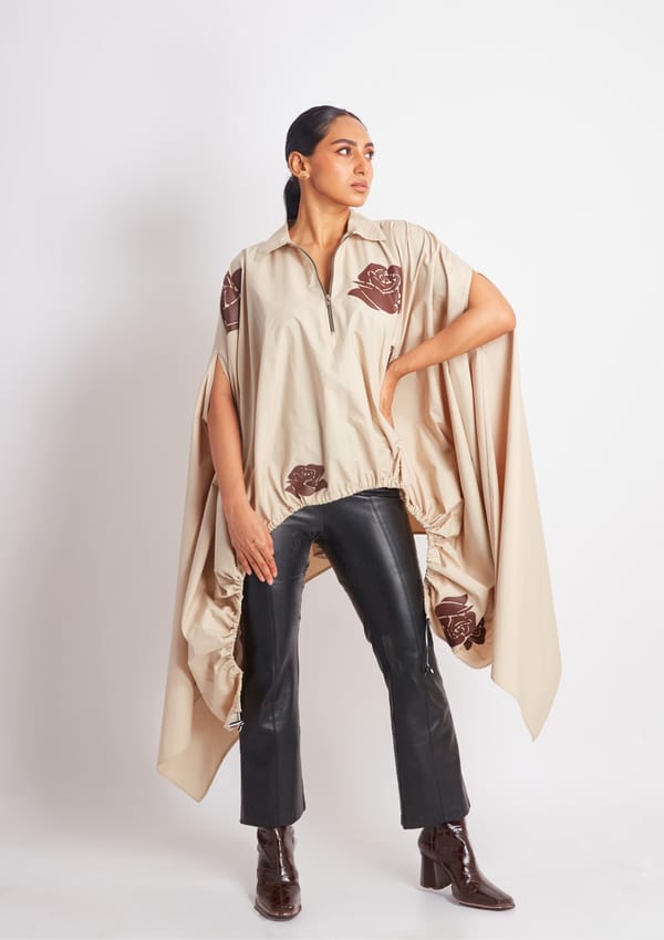 Beige Drawstring Cape with Applique Motifs — Richa Goenka