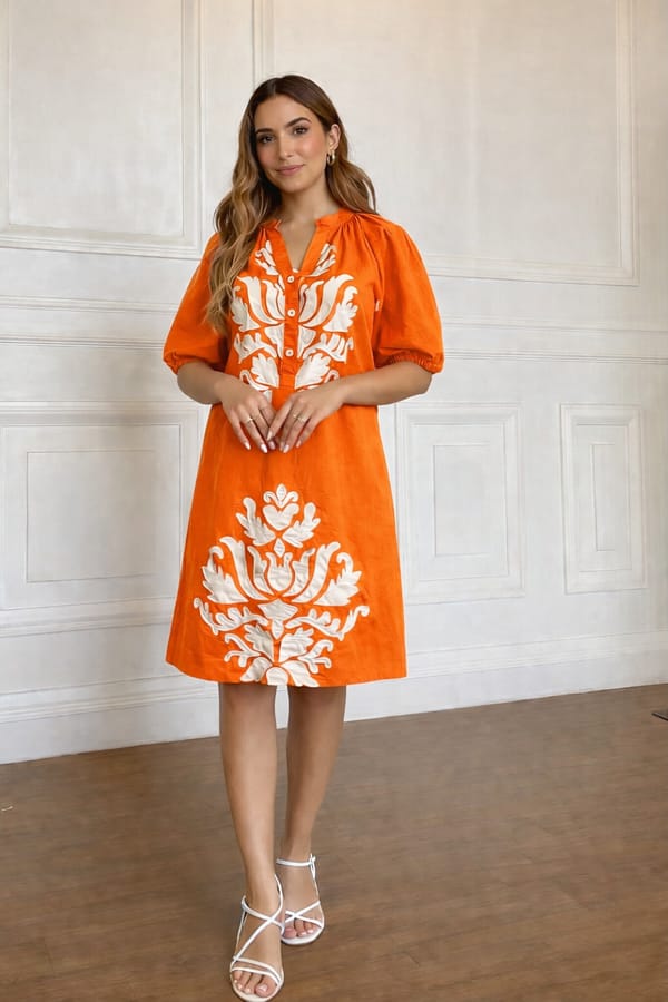 Orange Cotton Poplin A-Line Knee-Length Dress — Younglings