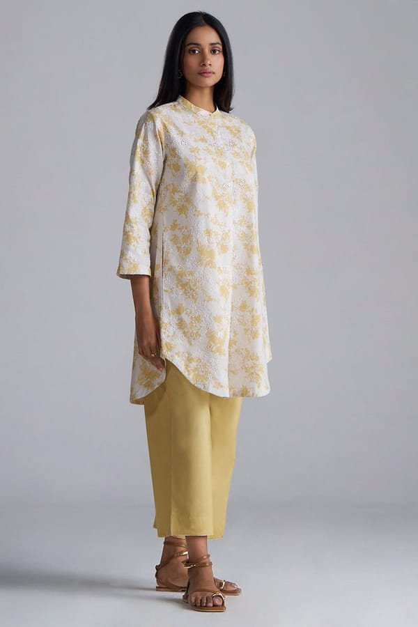 Off-White and Yellow Printed Cotton Co-ord Set — Ganga Fashions Pvt Ltd