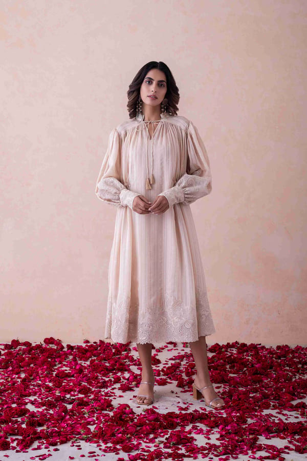 Beige Striped Organza Midi Dress with Tie-Up Neck — LABEL NAARITI