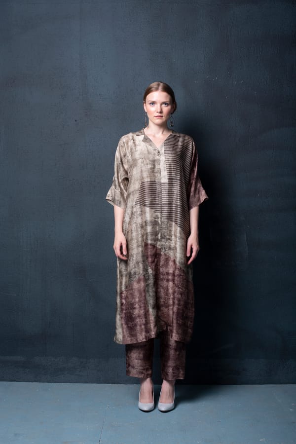 Brown/Grey Dupion Silk Kurta Set — CLOS