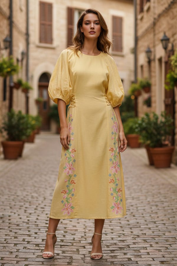 Yellow Linen Midi Dress with Cross-Stitch Embroidery — BOHO-CHIC