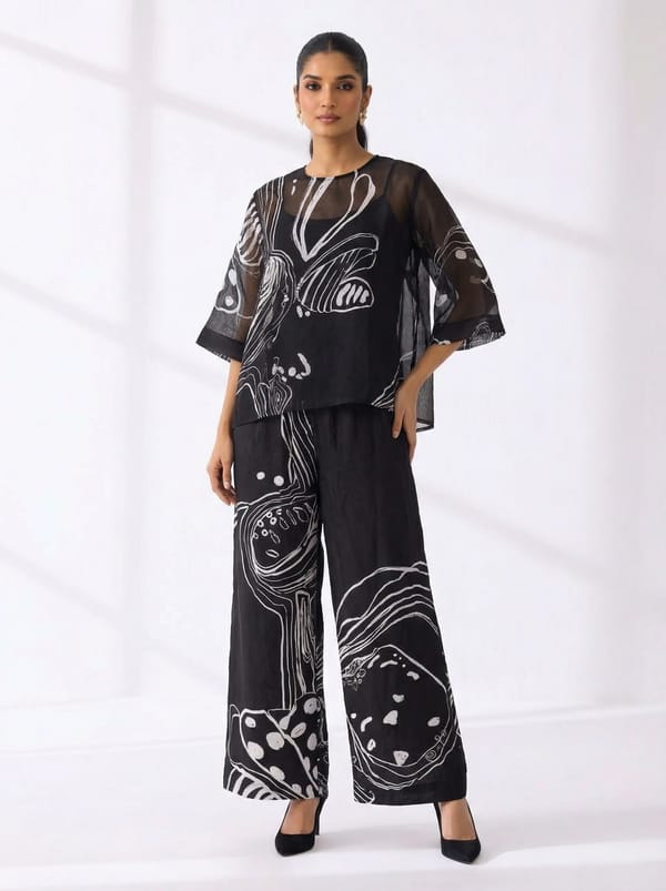 Black Sheer Abstract Print Co-ord Set with Palazzos — Esha Arora