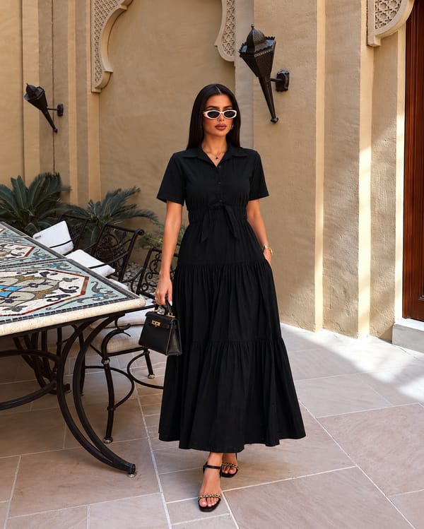 Black Stud-Embellished Tiered Maxi Shirt Dress — Style Island