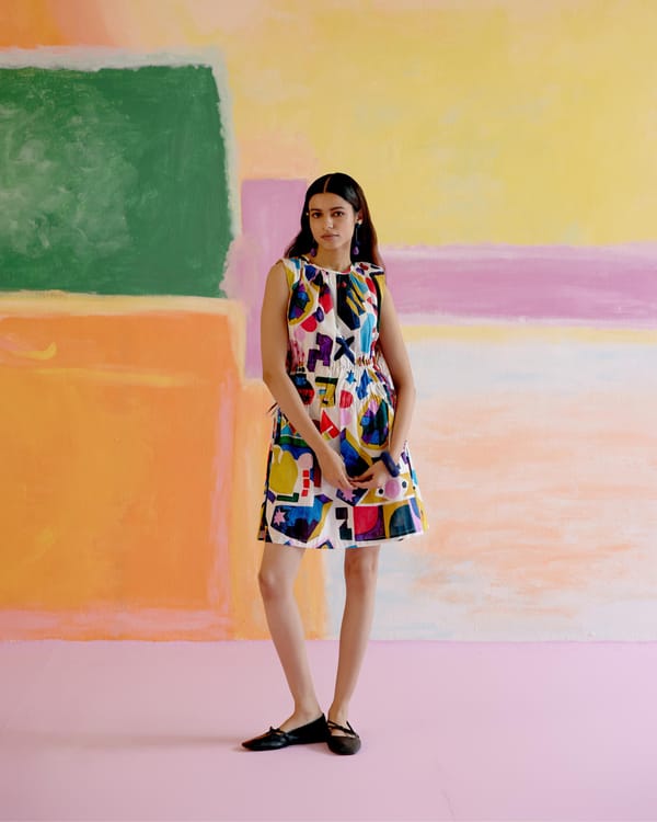 Multicolor Graphic Print Mini Dress with Side Drawstrings — HAPPI SPACE