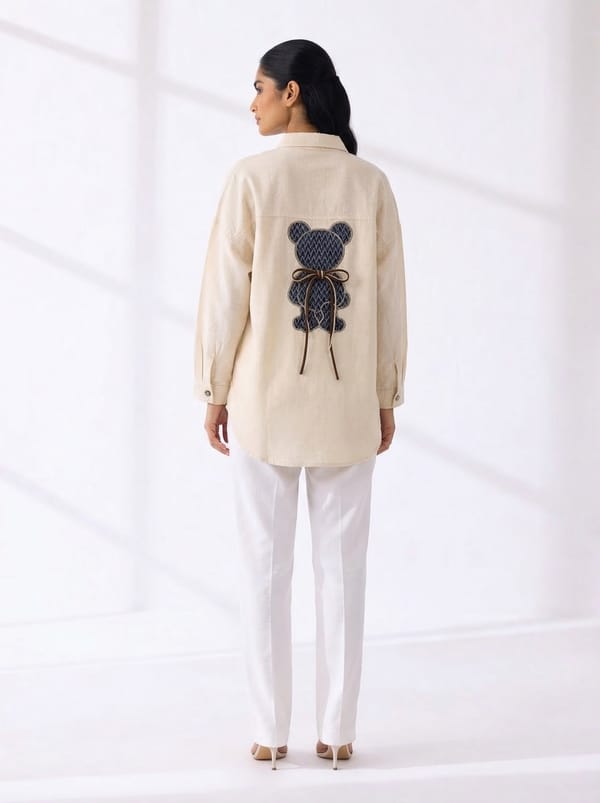 Ivory Longline Button-Down Shirt with Graphic Back Detail — ASPIRIN TRENDY