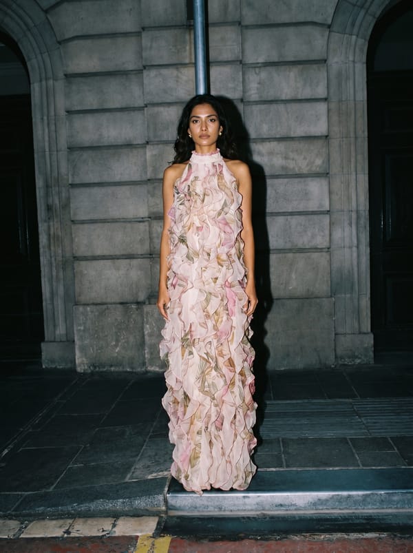 Pink Floral Chiffon Ruffle Maxi Gown — IERA