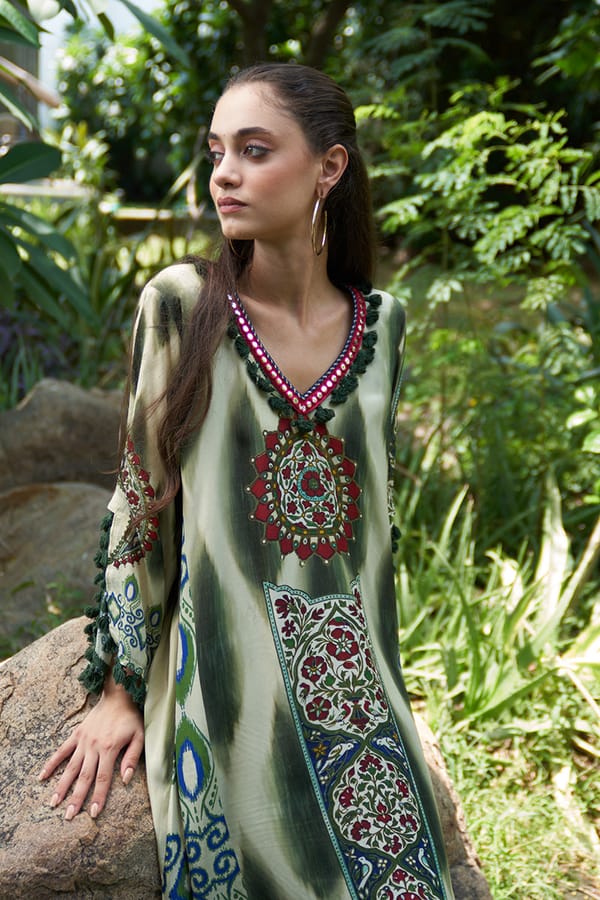 Green Printed A-Line Maxi Kaftan with Tassel Trim — Chakkraa
