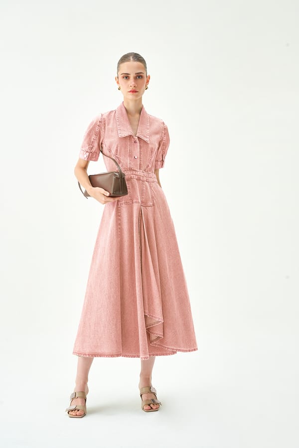 Pink Denim Collared Button-Front A-Line Midi Dress — NOTEBOOK