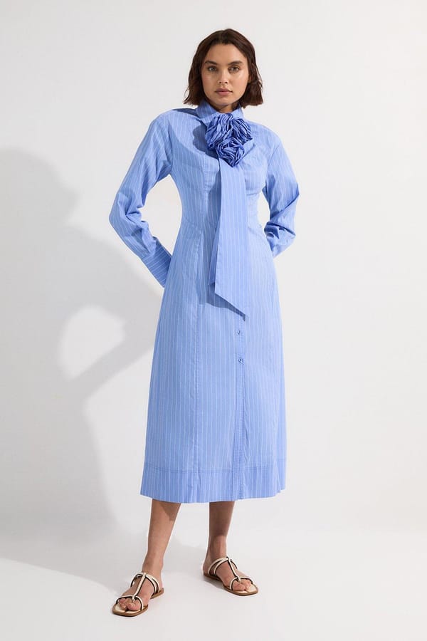 Blue Pinstripe Rosette Collar Button-Through Maxi Shirt Dress — KAREN MILLEN