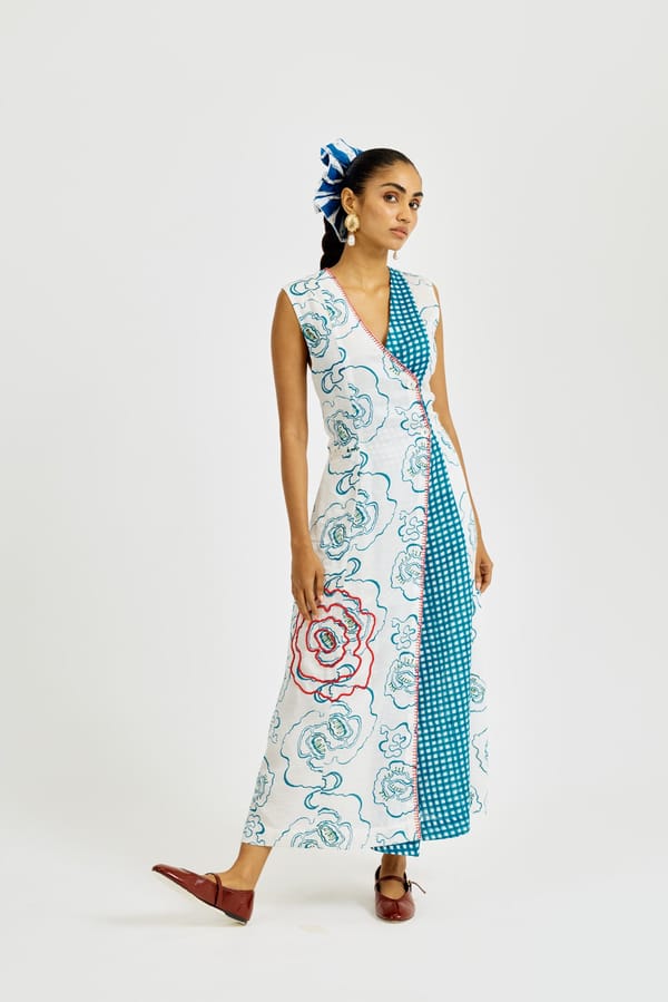 White Printed Wrap Maxi Dress with Teal Check Contrast Panel — JODI