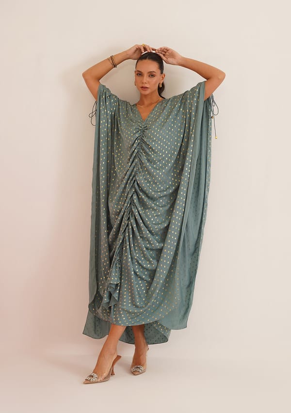 Blue Maxi Kaftan Dress with Gold Foil Print — AMOSHI
