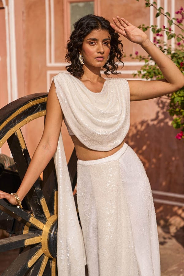 White Draped Sequin Cowl-Neck Crop Top — Dash and Dot