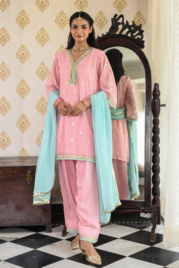 Blush Pink with Powder Blue Banarasi Farshi Salwar Set-SET OF-3 — MAHEE JAIPUR