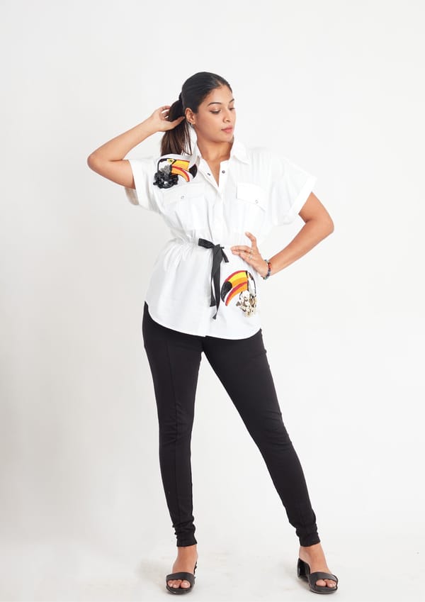 White Comfort Fit Cotton Shirt Drawstring with Embroidery — Richa Goenka