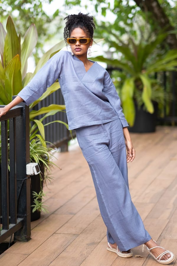 Blue Linen V-Neck Top and Wide-Leg Pants Co-ord Set — Creatures of Habit