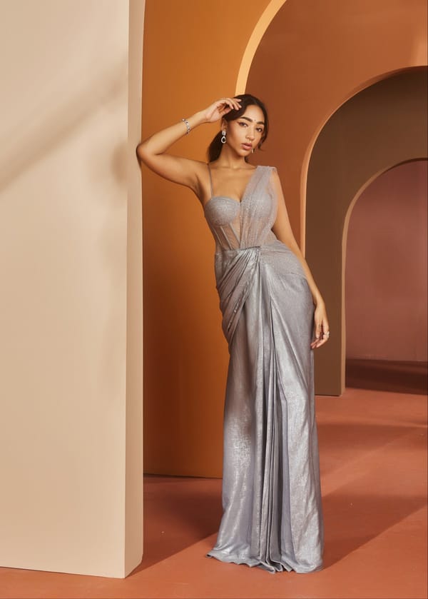 Faizah Grey Rhinestone Mesh One- Piece Saree Set — Lea Clothing