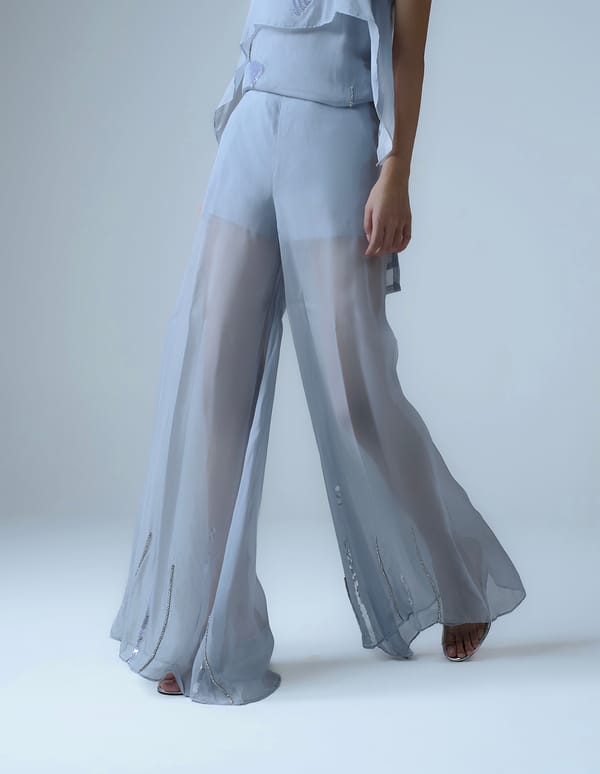Ice Blue Organza High-Waist Flared Pants with Hem Beadwork — MAGIA