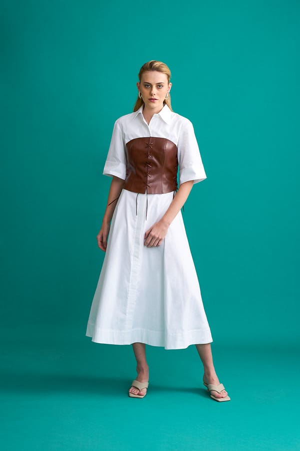 White and Brown Midi Shirt Dress with Detachable Corset — NOTEBOOK