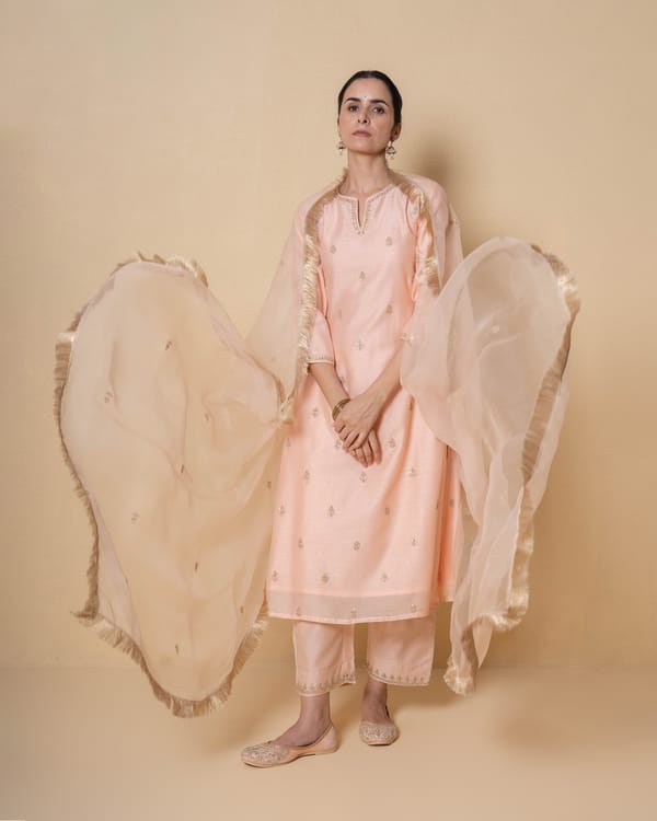 Light Salmon Marori Work Chanderi Suit Set — Kameez