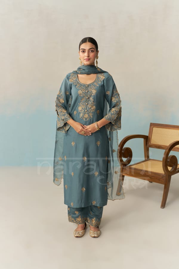 LAYA - Teal Blue Chanderi Suit Set — NARAYANI VASTRA