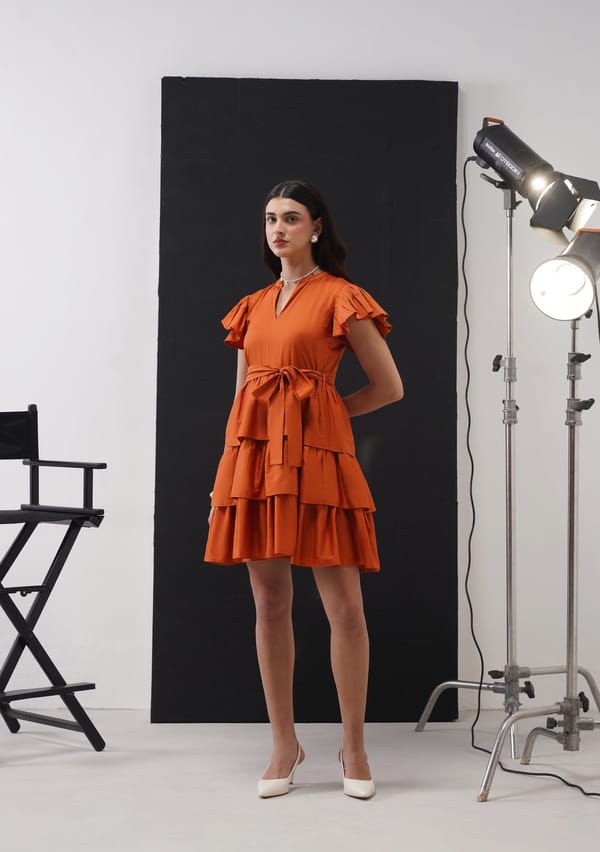 Rust Tiered Mini Dress with Ruffle Sleeves — AMOSHI