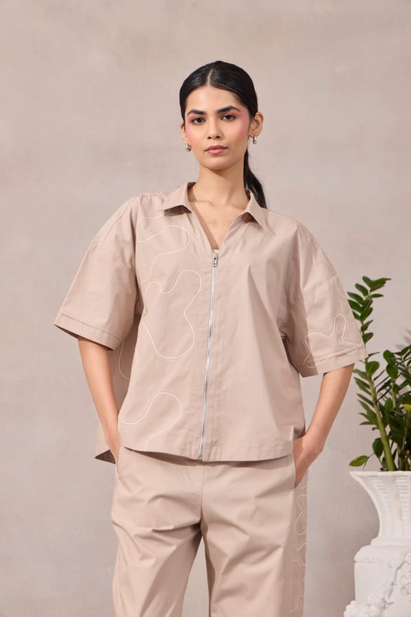Ginger Beige Cotton Poplin Zip-Front Relaxed Shirt — 63East