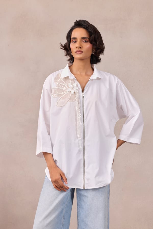 Bright White Zip-Front Applique Shirt — 63East