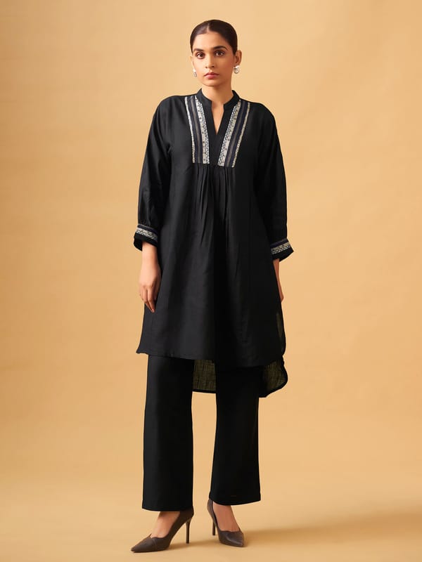 Classic Black Rayon Slub Straight Kurta Set — Truly SMA