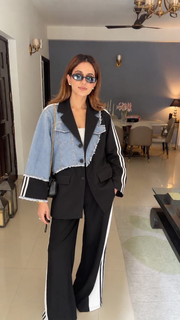 Denim Panel Tailored Blazer — CLOSET AFFAIR