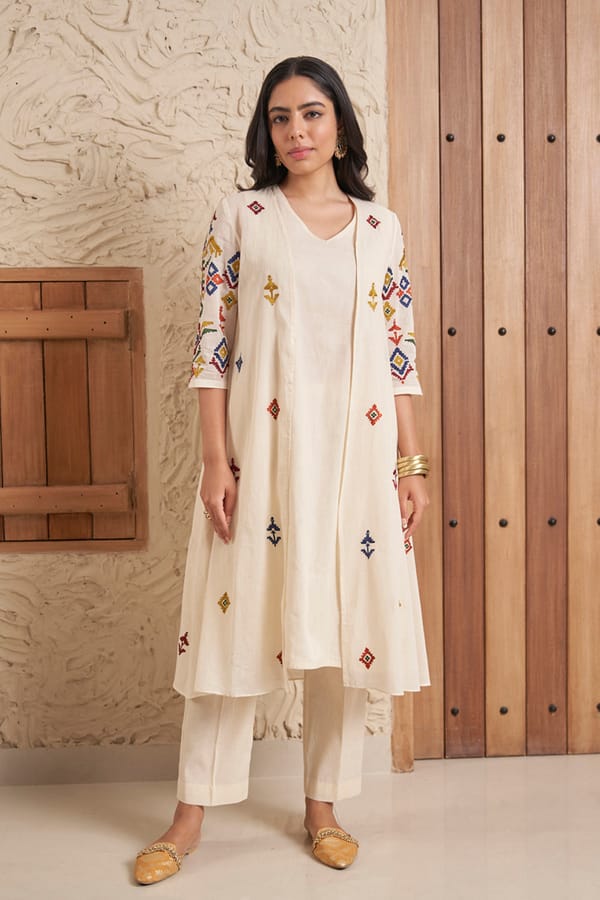 Ivory A-Line Embroidered Kurta Set with Straight Pants — SAMATVAM