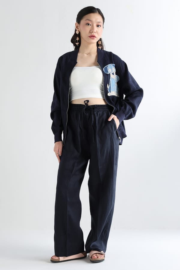 Navy Linen Wide-Leg Drawstring Trousers — Linen Bloom