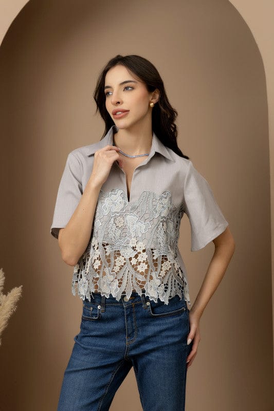 June Bird Lace Gray Denim Crop Top — Rhe-Ana