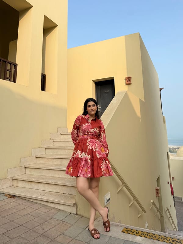Red and Pink Floral Cotton Mini Shirt Dress with Belt — GAIMA LABEL