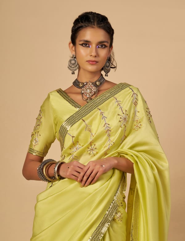 Lime Green Chanderi Embellished Saree Blouse — Gulabo by Abu Sandeep