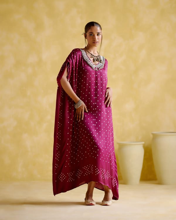 Purple Bandhani Print Kaftan with Embellished V-Neck — 5 Elements
