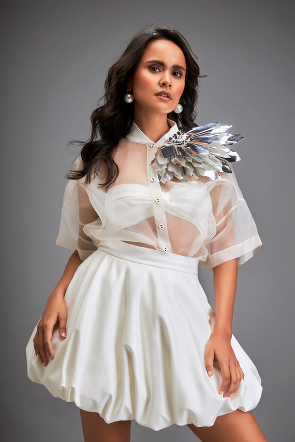 Sheer Top With Silver Floral Embellishments And Bubble Skirt — Deepika Arora