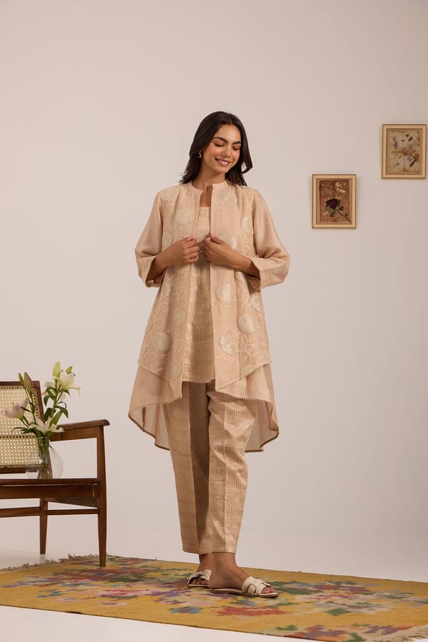High-Low Tissue Embroidered Chanderi Jacket Set with Tissue Inner and Pants — Omi Clothing