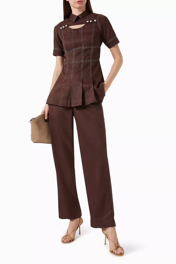 Brown Terry Rayon Peplum Top and Straight Pants Co-ord Set — NOTEBOOK